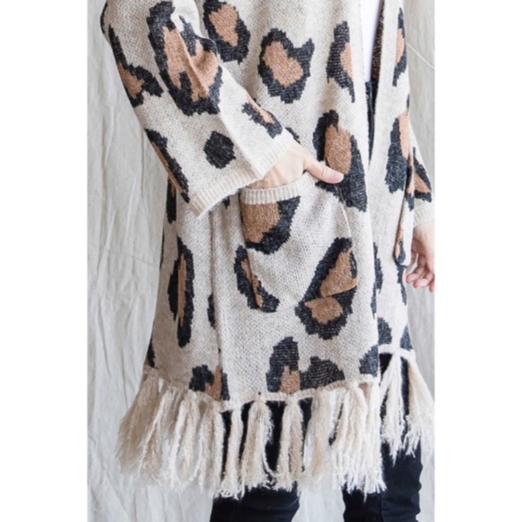 SOLD OUT Oatmeal Leopard Animal Printed Fringe Hem Open Knit Cardigan Sweater - Picture 9 of 9